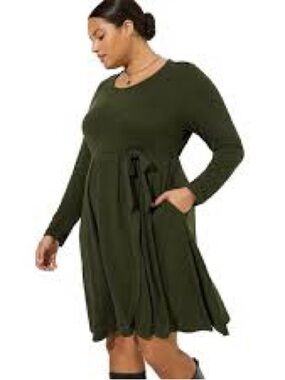 Torrid Olive Long-Sleeve Tie-Waist Swing Dress 14/16 Torrid Size 1